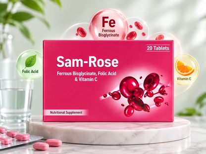 Samrose™ Premium Iron Supplement | Ferrous Bisglycinate, Folic Acid & Vitamin C (20 Tablets)